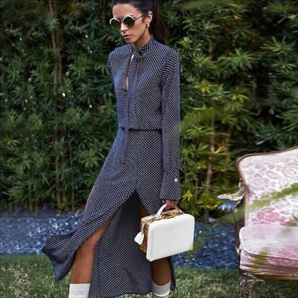 💕ALEXIS💕 Noelle Polka-dot Tie-neck Slit Midi Dress ~ Navy Blue XS - Picture 1 of 16